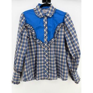 Vintage Kenny Rogers Karman Western Pearl Snap Shirt Plaid Ruffle USA 36 M/L